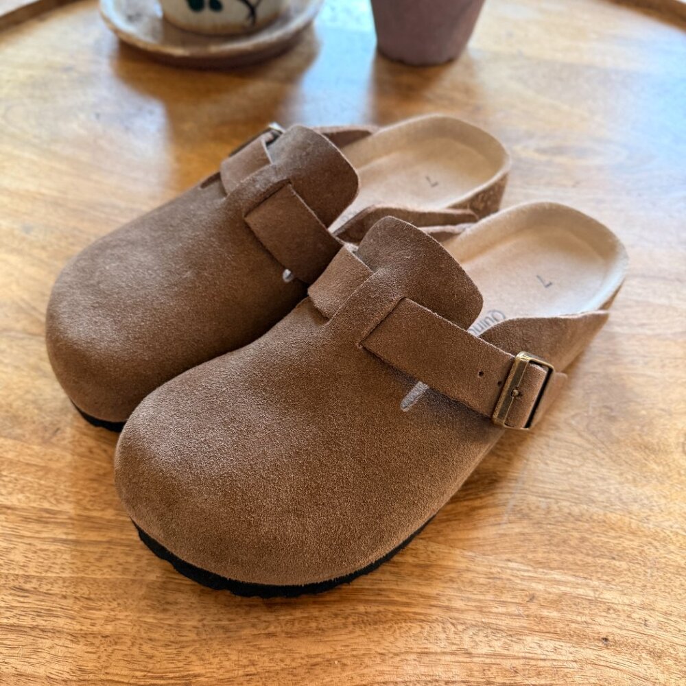 Quince Water Repellent Suede Clog Mule - Cafe Size 7 - Picture 2 of 5